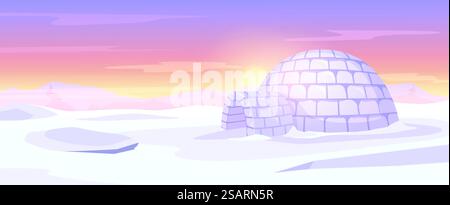 Igloo on Arctic landscape. Ice house, Anarctica snowy background and snow hut vector illustration. Frozen home building standing on snow scene. Icy construction exterior with sunset sky. Igloo on Arctic landscape. Ice house, Anarctica snowy background and snow hut vector illustration Stock Vector