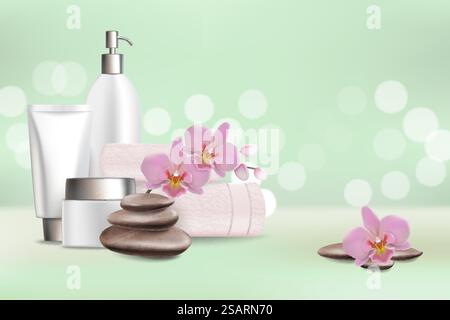 Spa and beauty salon vector poster design template with realistic cosmetics, stones, orchid flowers and copy space.. Spa salon services vector poster design template Stock Vector