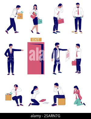 Dismissed office worker set, vector flat isolated illustration. Disappointed and sad employees getting fired from work, boss pointing to the door. Job loss, staff reduction, dismissal from office.. People getting fired from work, vector flat isolated illustration Stock Vector