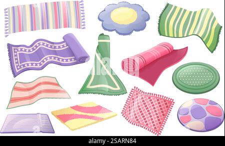 Cartoon carpets. Home decor rugs, carpet roll and interior fashion mat vector set. Illustration of rug carpet and mat handmade. Cartoon carpets. Home decor rugs, carpet roll and interior fashion mat vector set Stock Vector