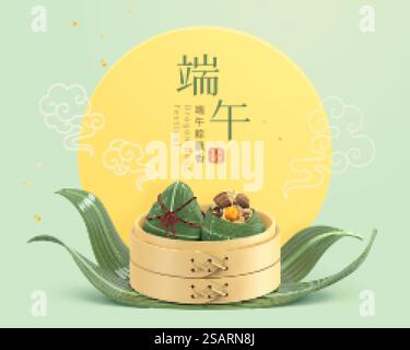 Zongzi in bamboo steamer. Banner for Duanwu Festival in 3d style. Chinese translation: Delicious rice dumplings, Dragon Boat Festival, the 5th day of the fifth lunar month. Duanwu Festival banner in 3d style Stock Vector