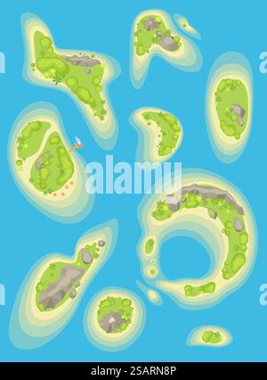 Aerial eye view on different tropical islands of various shape and form in water surface of ocean vector illustration. Exotic beach seaside for vacation, touristic place of destination. Aerial eye view on different islands in water surface of ocean Stock Vector