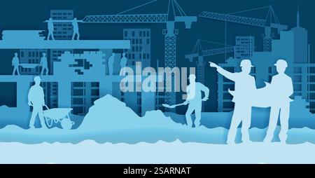 Construction site with engineer and workers, vector illustration in paper art modern craft style. Home building industry concept for poster, banner, website page etc.. Construction site, vector illustration in paper art style Stock Vector