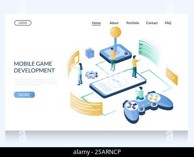 Mobile game development vector website template, web page and landing page design for website and mobile site development. Gaming industry isometric concept.. Mobile game development vector website landing page design template Stock Vector