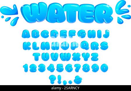 Water bubble font. Glossy bubbly letters, chubby alphabet and water drops inflated numbers display typeface cartoon vector set of alphabet water font symbol illustration. Water bubble font. Glossy bubbly letters, chubby alphabet and water drops inflated numbers display typeface cartoon vector set Stock Vector