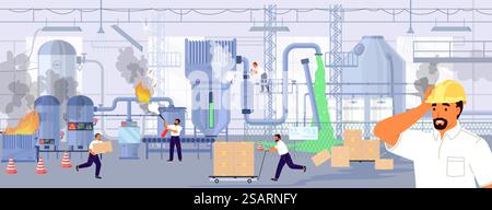 Accident on plant vector illustration with shocked engineer face on foreground. Broken damaged industrial machine in smoke and fire, workers in panic running and screaming. Accident on plant vector illustration with shocked engineer face Stock Vector