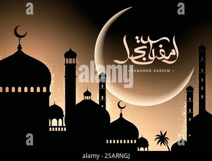 Ramadan Kareem design, Arabic calligraphy greeting poster with mosque silhouette on golden glitter background. Ramadan Kareem design Stock Vector