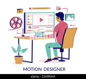 Motion designer animator working on computer creating animated video while sitting at desk, vector flat isometric illustration. Motion graphic studio services concept for web banner, website page etc.. Motion designer vector concept for web banner, website page Stock Vector