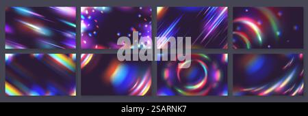 Prism light reflection backgrounds. Abstract diamond caustics, lens illumination effects and colourful crystal flare overlay vector set. Glowing bright rays and colorful light effects. 2210.m01.i006.n029.S.c15.2147645853 Prism light reflection backgrounds. Vector set Stock Vector