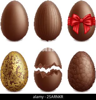 Realistic chocolate eggs, easter holiday sweet dessert. Easter holiday surprise treat, golden choco eggs vector illustration set. Brown choco eggs icons collection, dessert chocolate isolated. Realistic chocolate eggs, easter holiday sweet dessert. Easter holiday surprise treat, golden choco eggs vector illustration set. Brown choco eggs icons Stock Vector