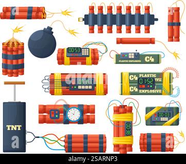 Explosive bombs and dynamite sticks, dangerous pyrotechnics. Red dynamite sticks, bombs with clock alarm detonators vector illustration set. Burning dynamite bombs. Dangerous detonate and warning. Explosive bombs and dynamite sticks, dangerous pyrotechnics elements. Red dynamite sticks, bombs with clock alarm detonators vector illustration set. Burning dynamite bombs Stock Vector