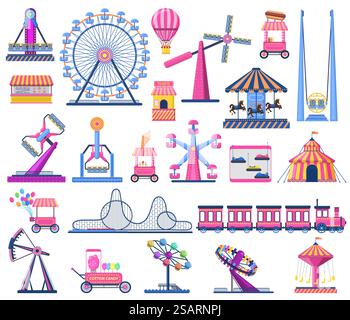 Attractions festive park elements as rollercoaster, circus tent, ferris wheel, and carousels. Shooting range, ice cream, hot dog and cotton candy sell Stock Vector