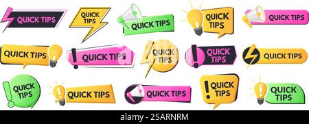 Quick tips, tricks and solutions logos, helpful advice emblems. Useful idea, problem solution and suggestions logos vector illustration set. Helpful tricks speech bubbles. Announcement with info. Quick tips, tricks and solutions logos, helpful advice emblems. Useful idea, problem solution and suggestions logos vector illustration set. Helpful tricks speech bubbles Stock Vector