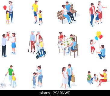 Isometric family, parents play and walk with children. Families walk in park, reading books or having dinner vector illustration set. Parents spending time with kids. Leisure activities, resting. Isometric family, parents play and walk with children. Families walk in park, reading books or having dinner vector illustration set. Parents spending time with kids Stock Vector