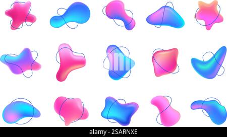 Abstract blob shape 3d gradients. Dynamic fluid backgrounds and vibrant three-dimensional gradient shapes for modern designs and branding vector elements set. Unique asymmetric elements collection. Abstract blob shape 3d gradients. Dynamic fluid backgrounds and vibrant three-dimensional gradient shapes for modern designs and branding vector elements set Stock Vector