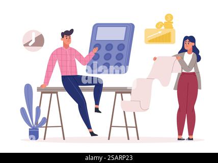 People budget analyse, financial management and cost optimisation of financial budget, management and analysis illustration. People budget analyse, financial management and cost optimisation Stock Vector