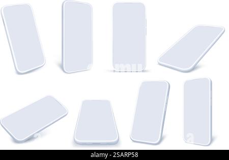 White phone mockup. Minimal smartphone screen frame, light 3D mobile device and isolated cellphone with realistic shadow vector template set. Isolated gadget from different angles view. White phone mockup. Minimal smartphone screen frame, light 3D mobile device and isolated cellphone with realistic shadow vector template set Stock Vector