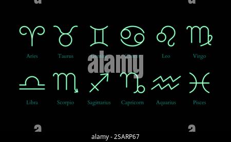 12 Neon zodiac symbols in neon line style. Set of ordered neon astrological icons including Aries, Taurus, Gemini, Cancer, Leo, Virgo, Libra, Scorpio, Sagittarius, Capricorn, Aquarius, and Pisces.. Set of neon zodiac symbols and name Stock Vector