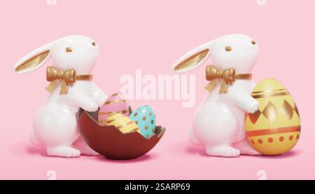 3d porcelain white rabbit decoration collection. Easter holiday decor elements isolated on pink background.. 3d white rabbit decoration set Stock Vector