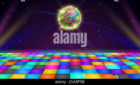 Disco dance floor. Retro party scene with LED squares grid glowing floor, disco ball and starry night sky vector background illustration. Neon colorful tiles, rainbow shining ball for dj event. Disco dance floor. Retro party scene with LED squares grid glowing floor, disco ball and starry night sky vector background illustration Stock Vector