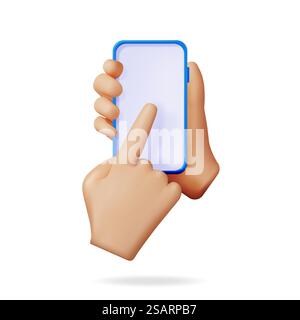 3d Realistic Hand Holding and Touching Smartphone with Empty Screen. Front View Smart Phone in Hand Mockup Render. 3D Telephone Blue Color. Modern Mobile Gadget Device Icon. Vector Illustration. 3d Hand Holding and Touching Smartphone Stock Vector