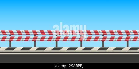Roadside with guard rail. Highway side with safety roadguard fence, striped crash barrier and traffic protection vector background illustration of barrier road safety. Roadside with guard rail. Highway side with safety roadguard fence, striped crash barrier and traffic protection vector background illustration Stock Vector