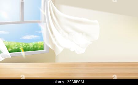 3D Illustration of an empty wooden table top indoors with wind blowing in from a window and curtains flying on a sunny day. Design used to display a product.. Interior table top for display Stock Vector