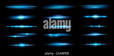 Horizontal lens flares. Blue horizontal light rays, luminous lines glow effect and anamorphic flare overlay vector set of shine blue light background illustration. Horizontal lens flares. Blue horizontal light rays, luminous lines glow effect and anamorphic flare overlay vector set Stock Vector