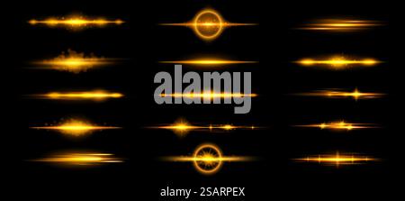 Yellow lens flares. Horizontal light beam, golden glow streaks and warm bright rays glare overlay vector set of magic bright shine illustration. Yellow lens flares. Horizontal light beam, golden glow streaks and warm bright rays glare overlay vector set Stock Vector