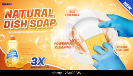 Ad template for natural dish soap, with hands in blue gloves using sponge to wash dirty dish, 3d illustration. Ad template for dish soap Stock Vector