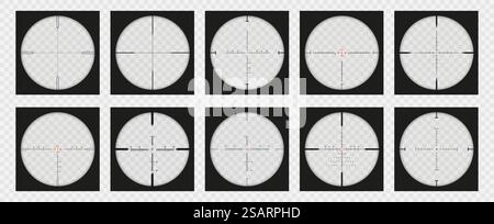 Optical sight view. Sniper scope POV overlay, measurement crosshair and look through zoom lens vector set of sniper view aim isolated illustration. Optical sight view. Sniper scope POV overlay, measurement crosshair and look through zoom lens vector set Stock Vector