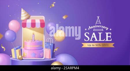 3d online store anniversary sale banner. Pink cake displayed on phone screen with gift box, shopping bags, colorful balloons and confetti around.. 3d online store sale banner Stock Vector