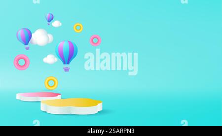 3d rendering scene in air hot balloon rendering with display podium for mock up Stock Vector