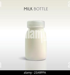 Milk glass bottle template, plastic cap and glass bottle filled with milk isolated on white background. Milk glass bottle template Stock Vector