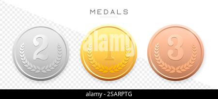 Gold, Silver, Bronze medals set. Vector realistic badge with First, Second, Third placement. Round achievement label. Winner Prize. Competition Trophy Stock Vector