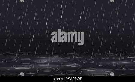 Heavy rain. Capillary surface waves circles on water surface from blurred falling raindrops, rippling rain puddle vector background illustration. Wet weather, dark night with rainfall. Heavy rain. Capillary surface waves circles on water surface from blurred falling raindrops, rippling rain puddle vector background illustration Stock Vector
