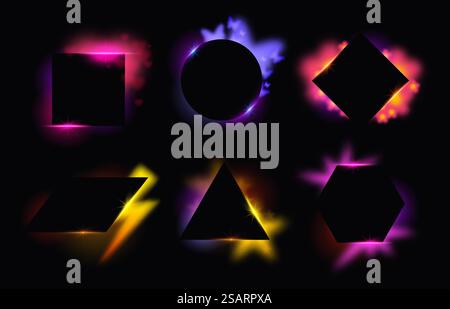 Frame with backlight. Retro glowing geometric shapes, abstract neon frames with hearts, butterflies, stars and lightning glow vector set. Square, circle, triangle forms with illumination. Frame with backlight. Retro glowing geometric shapes, abstract neon frames with hearts, butterflies, stars and lightning glow vector set Stock Vector