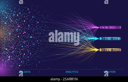 Big data analytics visualization. Digital flow of chaotic data dots connected with analytics lines to solution databases. Information sorting vector concept of big code data design illustration. Big data analytics visualization. Digital flow of chaotic data dots connected with analytics lines to solution databases. Information sorting science vector concept Stock Vector