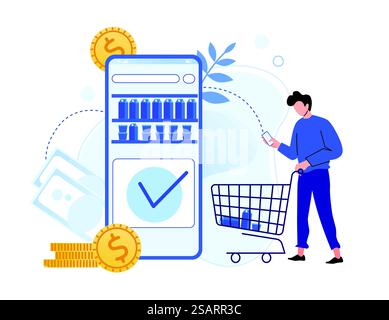 Online store payment. Man ordering products in internet via application. Man going with cart and taking products from virtual supermarket. Food on online shop shelves vector illustration Stock Vector