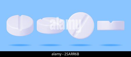3D Classic Pills from Different Angles Collection Isolated. Render Round Tablets Set. Pill for Illness and Pain Treatment. Medical Drug, Vitamin, Antibiotic. Healthcare Pharmacy. Vector Illustration. 3D Classic Pills from Different Angles Collection Stock Vector