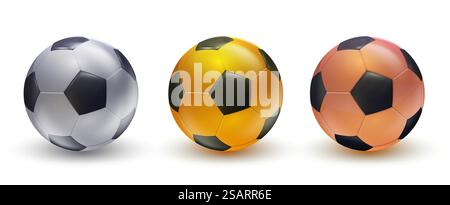 Soccer balls vector set on white background. Golden silver and bronze football ball. 3d illustration Stock Vector