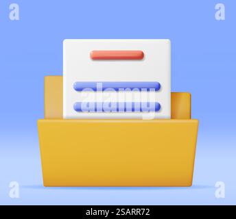 3D Business Folder full of Papers Isolated on White. Render Yellow Folder for Correspondence, File for Paper Documents. Open Folder Icon, Manila Archive Case or Ring Binder. Vector Illustration. 3D Business Folder full of Papers Stock Vector