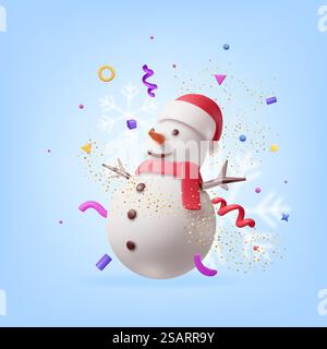3D Holiday Snowman and Confetti. Render Snow Man in Confetti Rain. Happy New Year Decoration. Merry Christmas Holiday. New Year Xmas Celebration. Vector illustration. 3D Holiday Snowman and Confetti Stock Vector