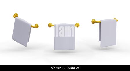 Set of white towels on metal holder. Vector image in different positions with shadows. Place for logo, mockup. Textiles for home, hotel, sauna. Cloth for hygienic procedures. Set of white towels on metal holder. Vector image in different positions Stock Vector