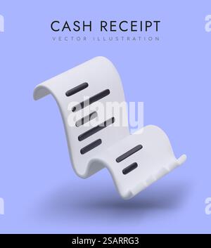 Realistic poster with 3d cash receipt on blue background. Concept of sale. Documentation in store for purchaser. Vector illustration in 3d realistic style. Realistic poster with 3d cash receipt on blue background Stock Vector
