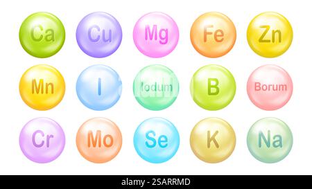 Minerals icon vector set. 3D pills drop capsules. Vitamin complex for beauty skin care Stock Vector