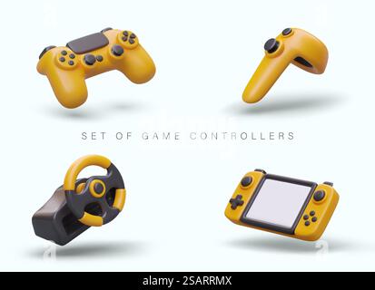 Collection of yellow game controllers. Different types of joysticks. Gadgets for video games with simulation, virtual reality. Button game consoles. Isolated vector image. Collection of yellow game controllers. Different types of joysticks Stock Vector