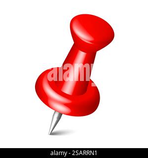 Pin with shadow isolated on white background. Vector red plastic pushpin, 3d board tack, thumbtack or push pin for paper notice. Stock Vector