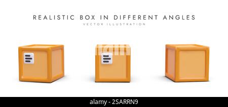 Set of realistic square boxes, view from different angles. Containers for cargo with and without marking, mockup. Isolated color vector image with shadows. Set of realistic square boxes, view from different angles Stock Vector