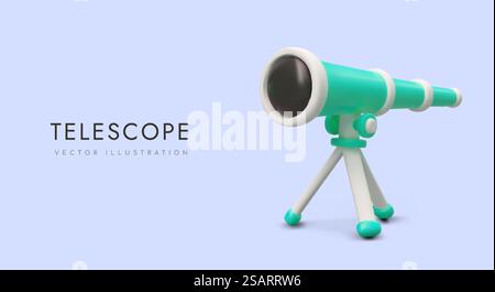 3D telescope on tripod. Vector cartoon image. Services of supervision, observation. Equipment for research. Specialized optics. Horizontal template with place for logo, text. 3D telescope on tripod. Vector cartoon image. Services of supervision, observation Stock Vector